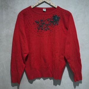 Vintage Red Lambswool Angora Beaded Sweater, S/M, Luxury Floral Embellished Knit
